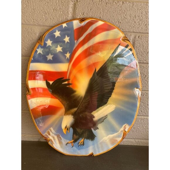 Vintage Patriotic American Flag and Bald Eagle Print Decoupage Wood Hanging Art - Picture 1 of 12